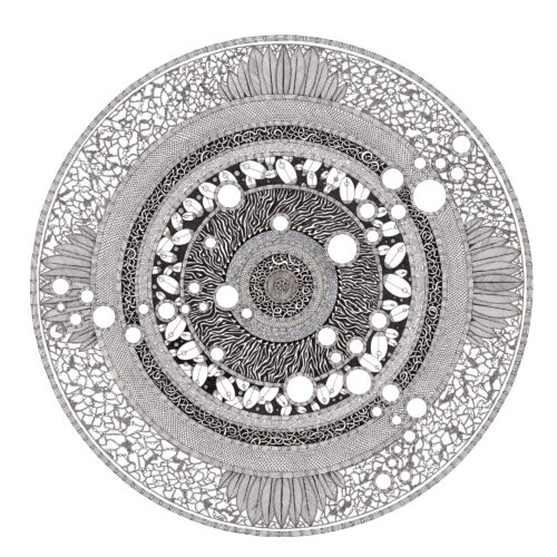 Detailed black and white drawing ink on paper peaceful calming patterned mandala